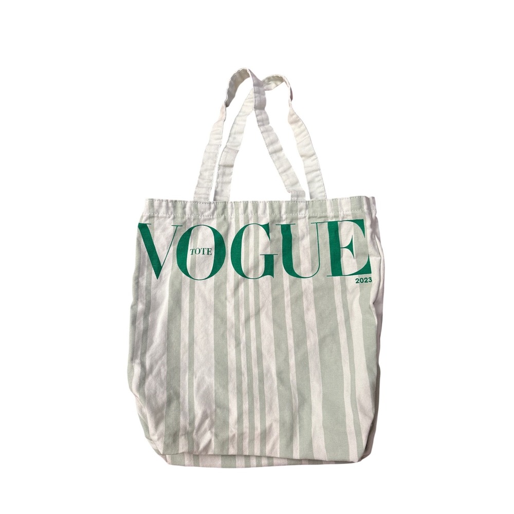 Vogue Tote Bag Unisex Sage Green Striped Canvas Logo 2023 SIZE OS